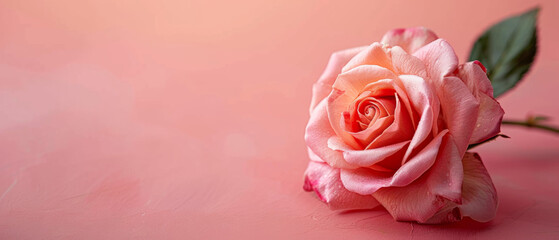 Pink Rose flower on minimalist pink background. Delicate petals, thorns, powerful symbol of beauty, enduring love and resilience. Mother's Day, Valentine's Day and wedding concept.