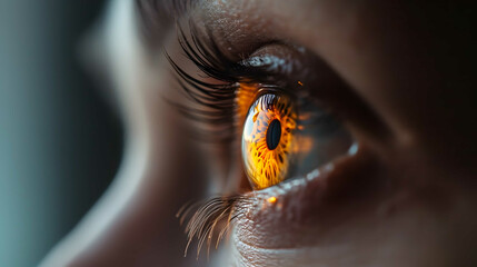 Human Cyborg AI Eye looking. Eye keratoconus optic nerve lens diplopia color vision. Visionary iris optic nerve damage sight optic nerve injury eyelashes - obrazy, fototapety, plakaty