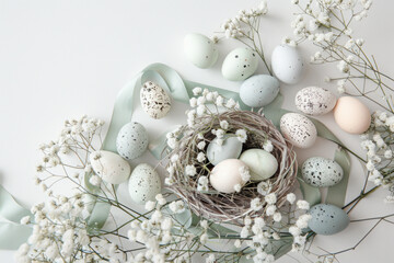 Fototapeta na wymiar Happy Easter background with eggs in nest, spring flowers and copy space. Flat lay. Greeting card