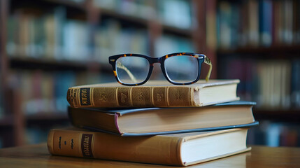 A stack of books with glasses placed on top. Perfect for educational, literary, or intellectual concepts