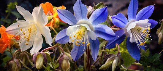 A collection of colorful flowers, including captivating columbines, displayed in a vase. The flowers are in full bloom, showcasing their exquisite beauty and vibrant hues.