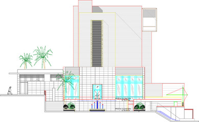 Vector sketch design illustration of the architectural facade of a multi-storey hotel building for a resort 