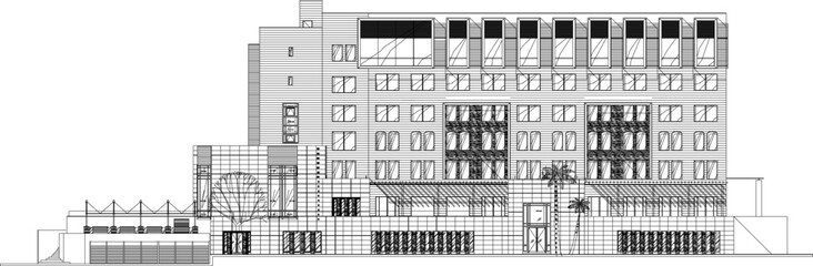 Vector sketch design illustration of the architectural facade of a multi-storey hotel building for a resort
