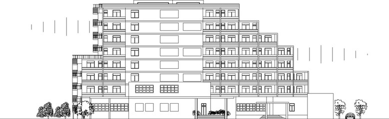 Vector sketch design illustration of the architectural facade of a multi-storey hotel building