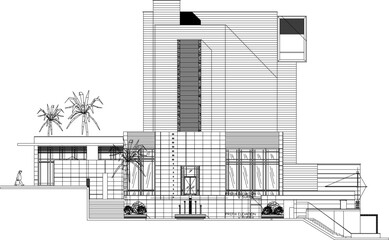Vector sketch design illustration of the architectural facade of a multi-storey hotel building for a resort