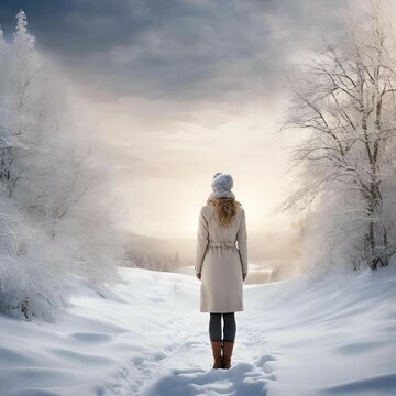 winter, snow, woman, people, cold, sky, person, nature, fashion, child, sun, hat, alone, landscape, blue, tree, day, season, ice, silhouette, relaxation, body, forest, health, relax, nature, pose, bea