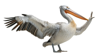 An elegant white pelican lifting one foot as if taking a step, with rich feather details isolated on white