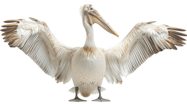 A striking image capturing the grandeur of a white pelican with wings fully spread, showcasing details of feathers and its towering presence