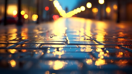 Rainy urban atmosphere in the city, the streets are wet with rain