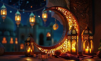 Ramadan Kareem background, Mosque, window with lantern