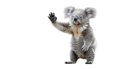 Enchanting photo of a lively koala bear raising its hand, with fluffy grey fur and captivating eyes, showcasing its charming nature