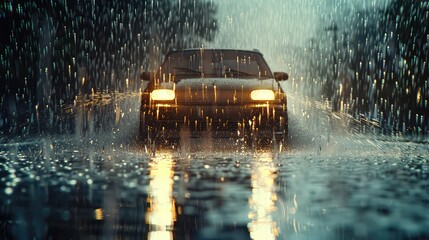 wet car driving through rain - obrazy, fototapety, plakaty