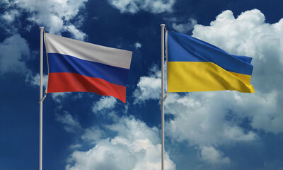Ukraine russia flag wave blue white cloudy background wallpaper copy space conflict politic military crisis battle government ukrainian freedom aggression fight economy independence combat destruction