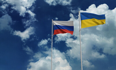 Russian ukraine country flag waving blue cloud white blue color copy space war conflict military...