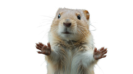 Adorable rodent looking straight ahead with hands raised in a surrendering gesture, isolated against a white background