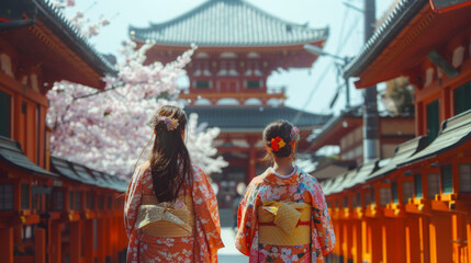 Young Japanese women in traditional Yukata dress stroll by Hirano-jinja Shrine in Kyoto, Japan during full bloom cherry blossom season.