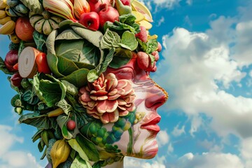 Behold, a human figure sculpted from an assortment of colorful fruits and vegetables, symbolizing...