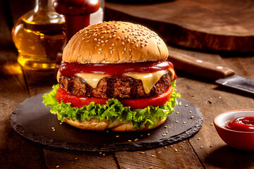Grilled rib burger in a rustic setting