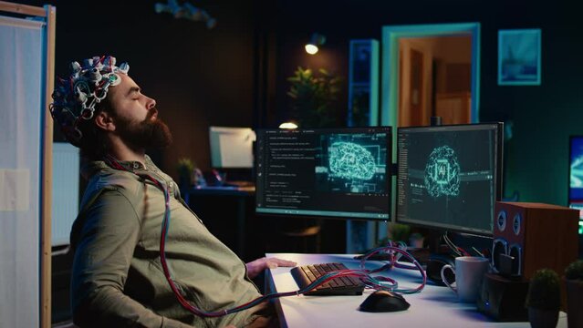 Engineer uploading brain into cyberspace, entering trance, becoming godlike. Transhumanist merging mind with artificial intelligence, uploading consciousness, achieving AI singularity, camera B