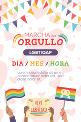 Fototapeta premium cartel marcha del orgullo LGBT. Manos sosteniendo banderas y pancartas