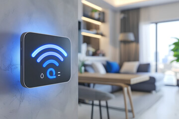 A wifi extender, Blue wifi symbol, Connected smart home. Generative AI