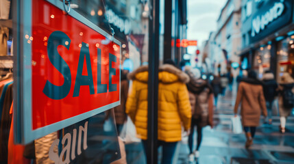 Sale concept image with a Sale sign in a shop window and people in street in background. Generative AI - obrazy, fototapety, plakaty
