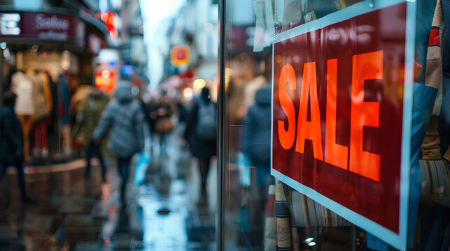 Sale concept image with a Sale sign in a shop window and people in street in background. Generative AI