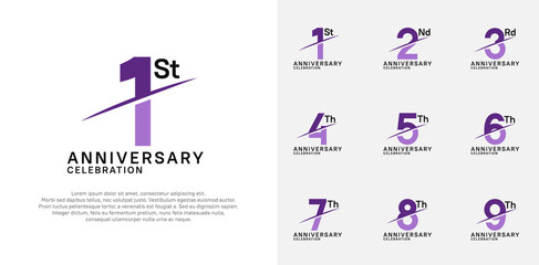 Naklejka premium anniversary logotype vector set with purple color and slash for celebration day
