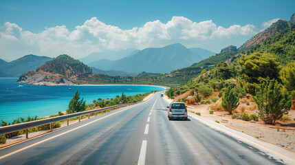  car driving on the road of Europe. road landscape in summer. it's nice to drive on the beachside highway. in Europe, summer road trip