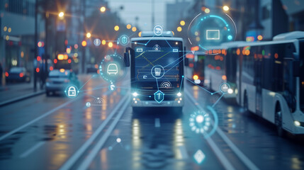 Transportation and technology concept. ITS Intelligent Transport Systems, smart city internet of things, web3, AI public transport, artificial intelligence