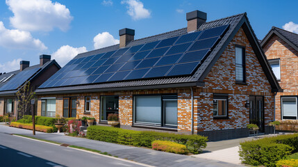 A family house building with solar panels on the roof in a residential area. blue sky and during Spring season	