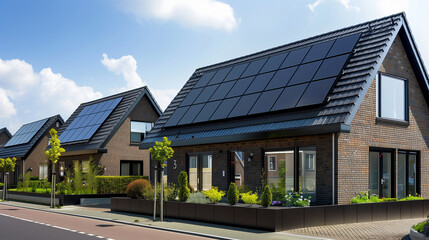 Solar energy, A family house building with solar panels on the roof in a residential area. blue sky and during the Spring season,  a dutch house with brick wall and roof tiles - obrazy, fototapety, plakaty