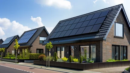 Foto auf Acrylglas Solar energy, A family house building with solar panels on the roof in a residential area. blue sky and during the Spring season,  a dutch house with brick wall and roof tiles © Fokke Baarssen