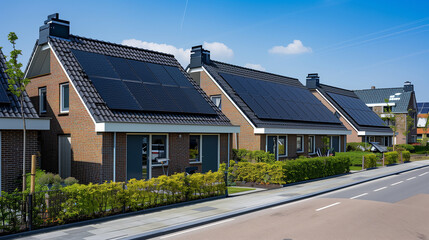 Fototapeta premium Solar energy, A family house building with solar panels on the roof in a residential area. blue sky and during the Spring season, dutch house with brick wall