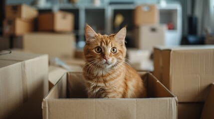 domestic red cat sitting in a box and looking at the camera. the concept of moving to a new home