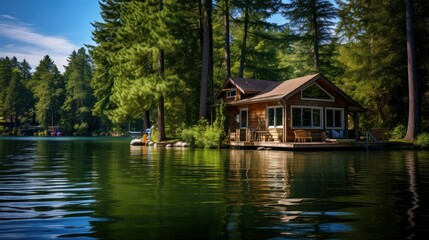 Fototapeta na wymiar serene lake cottage building
