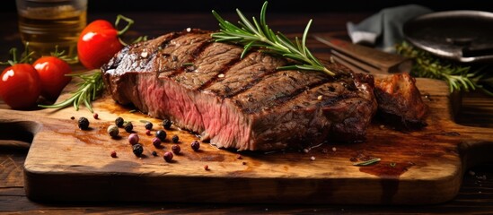 A perfectly grilled piece of steak resting on a rustic wooden cutting board, showcasing the skillful cooking process and the delicious end result.