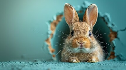 Easter bunny poster peeking out of a hole in the wall with copy space, rabbit jumps out of a torn hole