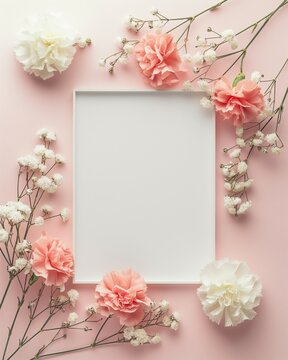 Creative arrangement made with gypsophila and pastel pink and white carnations against pastel pink background with photo frame. Minimal spring  concept. Mother's day concept.