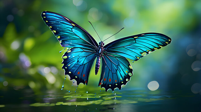 Stunning Close-up Capture of Vibrant Blue Butterfly in Mid-flight Against a Serene Green Background