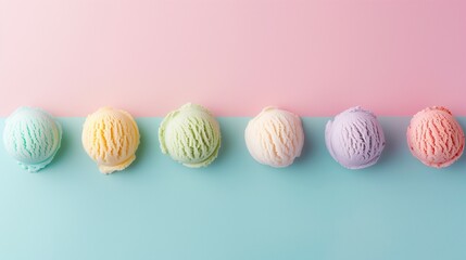 Obraz premium Scoops of different types of ice cream on duotone pink and blue background. Minimal summer concept.