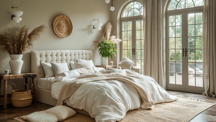 Cozy yet modern bedroom with soft lighting, plush textiles, and a serene color palette for relaxation - obrazy, fototapety, plakaty