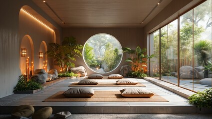 Minimalist meditation room with a zen-like atmosphere, mats, and calming decor