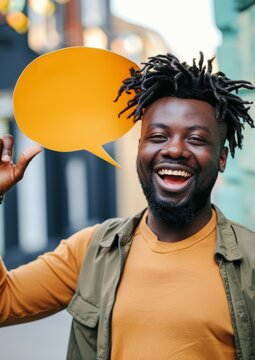 Smiling man with speech bubble, minimalist, colorful background