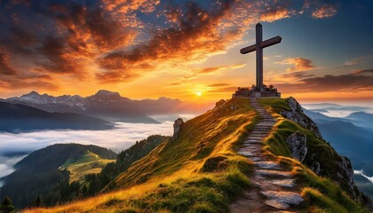 cross in the mountains - obrazy, fototapety, plakaty