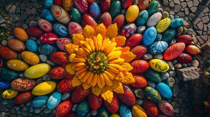 Fototapeta na wymiar a mosaic of Easter eggs, intricately decorated and carefully arranged to form a sunflower pattern, symbolizing renewal and the festive spirit of spring