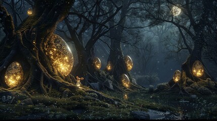 A mystical Easter egg forest at night, illuminated by moonlight and glowing eggs nestled among the roots of ancient trees