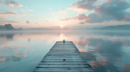 A serene Easter morning at a lakeside, with a solitary wooden dock leading out to calm waters reflecting the pastel colors of the dawn sky. A single Easter egg rests at the end of the dock - obrazy, fototapety, plakaty