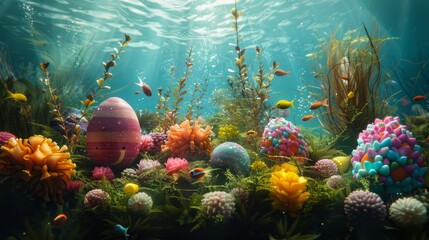 Naklejka premium An underwater Easter celebration, where mermaids decorate coral reefs with colorful eggs and sea creatures gather in anticipation.