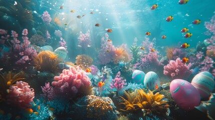 An underwater Easter celebration, where mermaids decorate coral reefs with colorful eggs and sea creatures gather in anticipation.